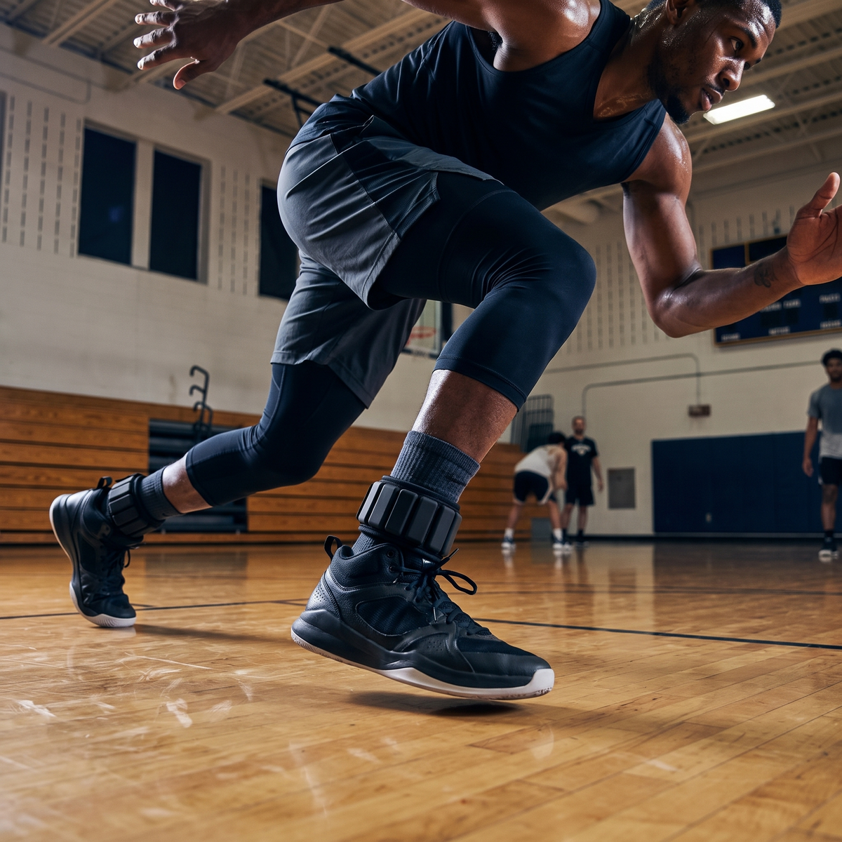 Basketball player driving explosively wearing Speed Ankle Weights