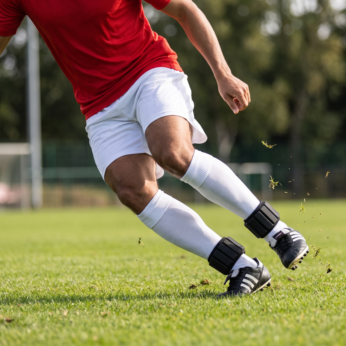 Soccer player cutting explosively wearing Speed Ankle Weights