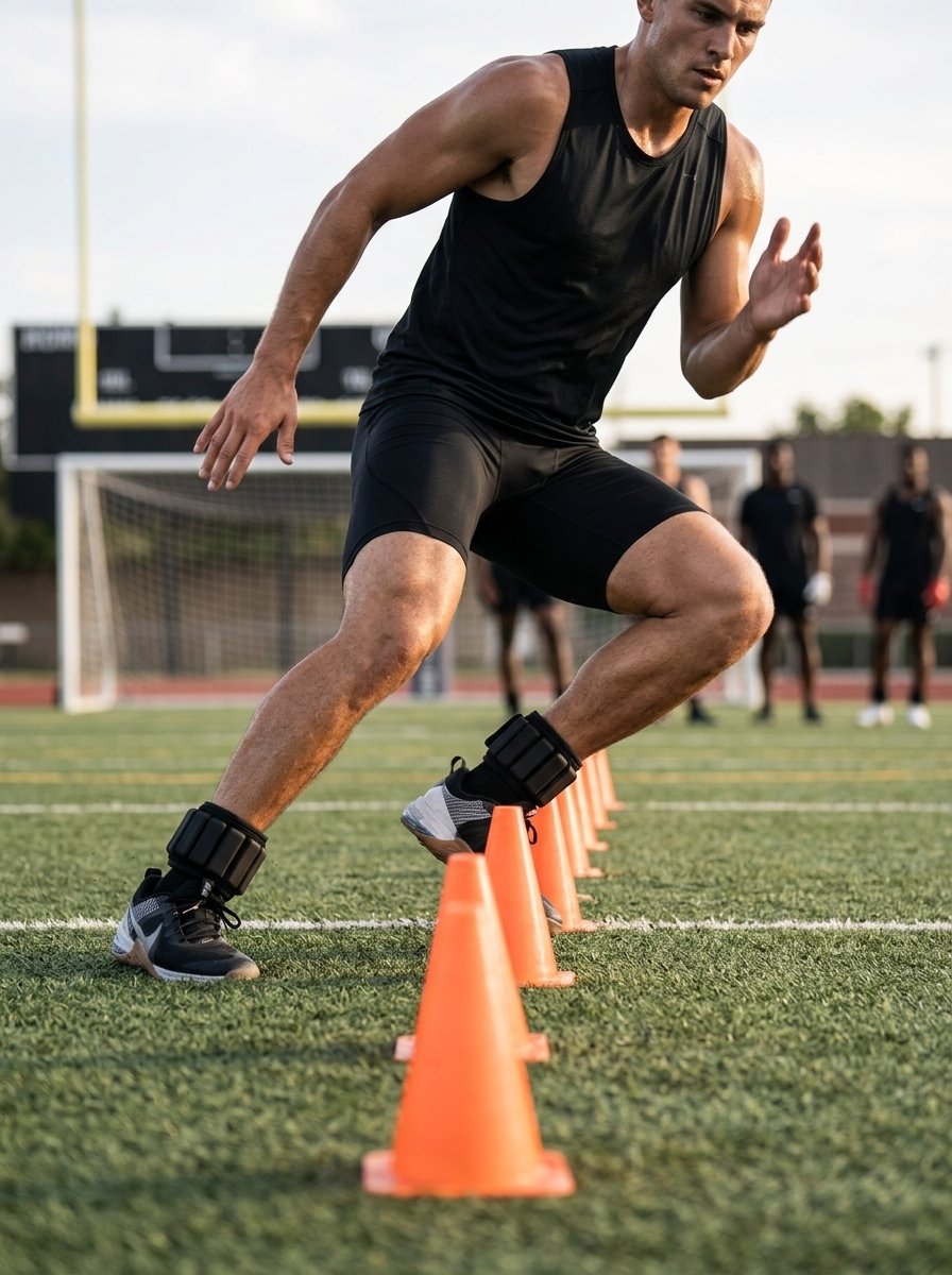 Athlete performing an agility cone drill wearing Speed Ankle Weights