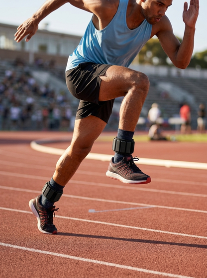 Runner on an outdoor track wearing Speed Ankle Weights