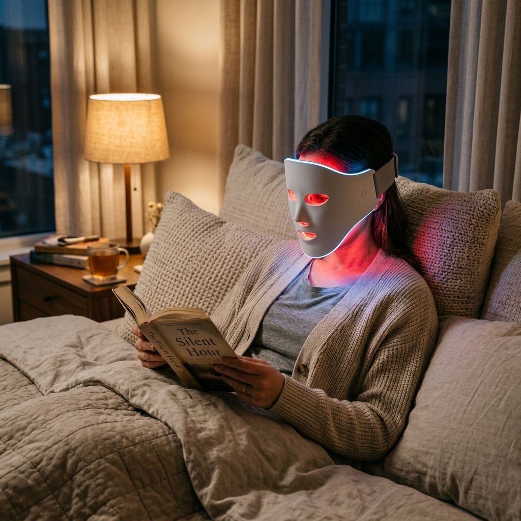 Woman relaxing on a bed reading a book wearing the red light therapy mask