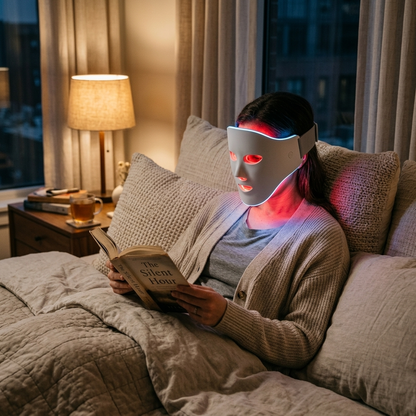 Woman relaxing on a bed reading a book wearing the red light therapy mask