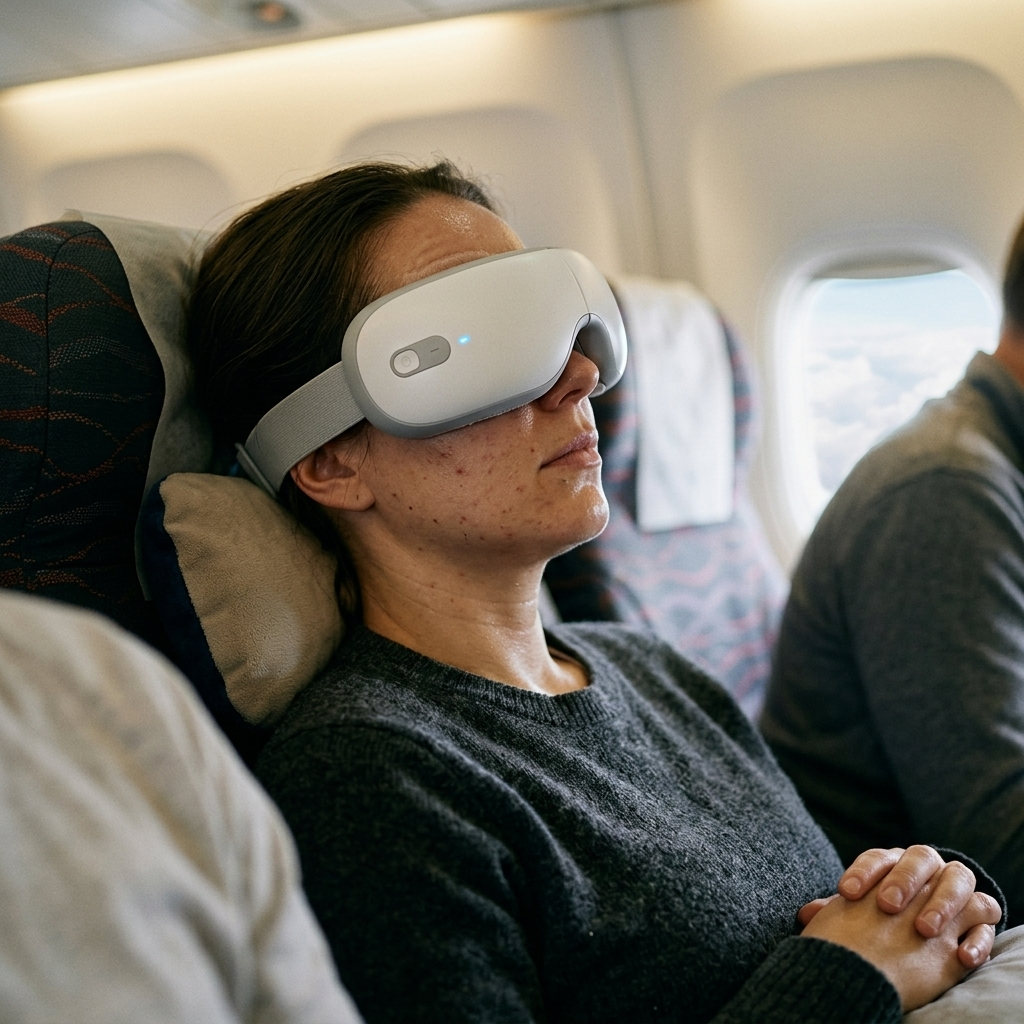 Person relaxing on a flight wearing the eye massager