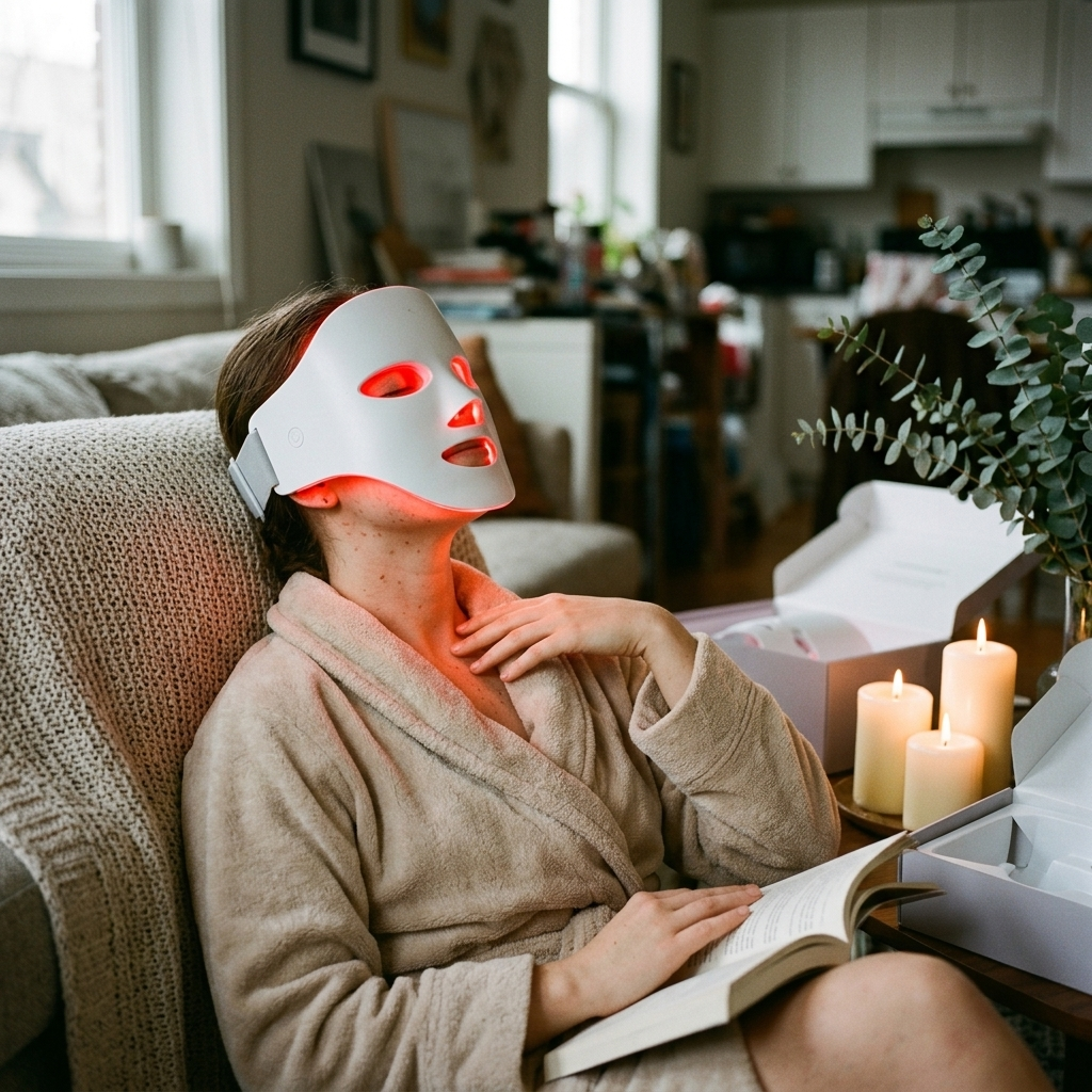 Woman on an at-home spa day wearing the red light therapy mask