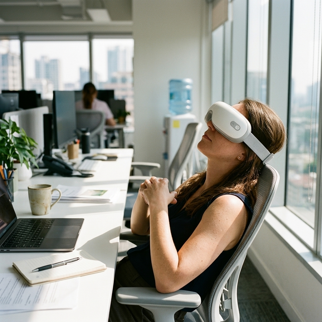Person taking a break at their office desk wearing the eye massager