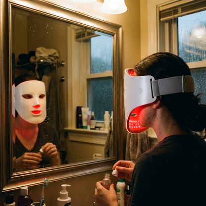 Woman at a bathroom vanity wearing the red light therapy mask