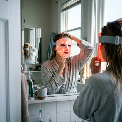 Woman getting ready in the morning wearing the red light therapy mask