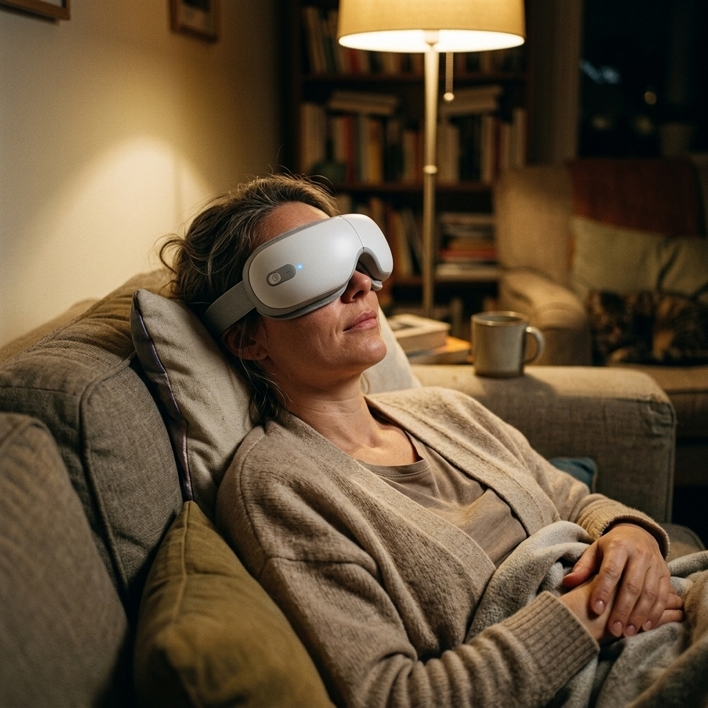 Woman relaxing on a sofa wearing the eye massager